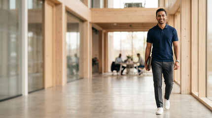 Obraz premium Young smiling professional walking in modern sustainable timber office