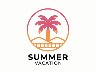 Obraz premium Summer Vacation Tropical Logo Design with Palm Tree and Sunset Gradient Circular Emblem for Travel and Tourism Branding