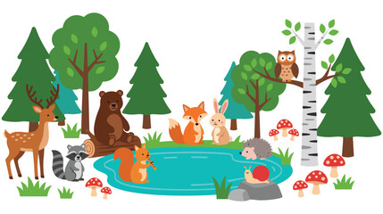 Woodland animals gathering around blue pond in magical green forest. © NAZMA