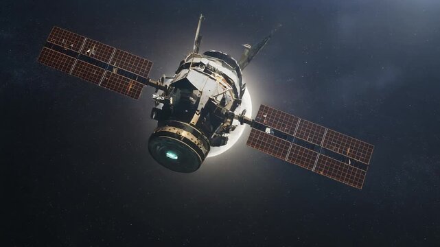 Advanced communication satellite orbiting in deep space while capturing data from the bright moon during a quiet night mission