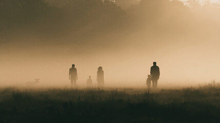 Fototapeta premium Mysterious Silhouettes in the Mist: Silhouetted figures traverse a misty landscape, the soft light of dawn painting the scene with an air of mystery and anticipation. 