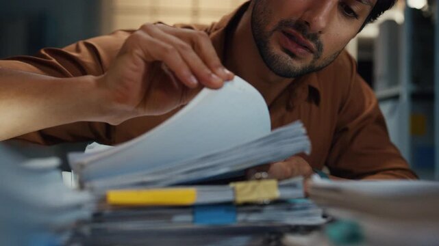 Close up overworked young Latin businessman working late on document in large stack of paper files at office night. Tax audit deadline, accounting stress, corporate burnout, urgent business concept.