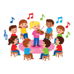 Obraz premium Children playing music in a circle with violinist.