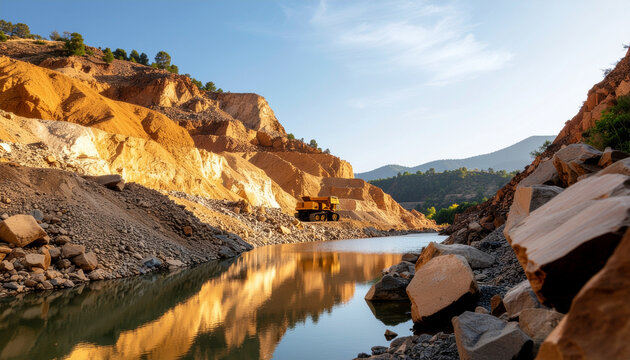 Mining landscape with truck and water
