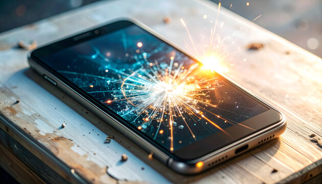 Smartphone screen exploding digital damage concept against wooden surface