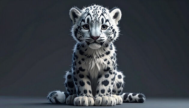 Snow leopard cub posing on dark background