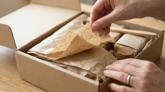 Hands revealing the contents of a detailed sustainable subscription box filled with eco friendly natural personal care products including soap and a bamboo toothbrush on a wooden table.