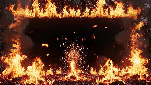 Intense blazing fire with glowing embers and sparks on dark background for fiery heat concept
