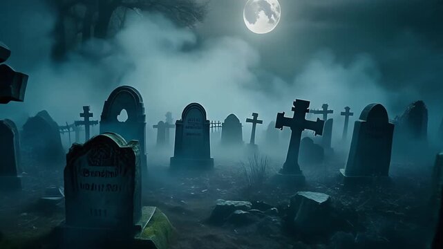 Weathered stone grave markers stand in an eerie foggy cemetery under the bright light of a full moon at night