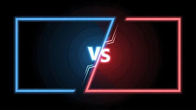Versus battle screen with blue and red neon frames, glowing lines split screen for competition, game versus fight with blank space for team names.