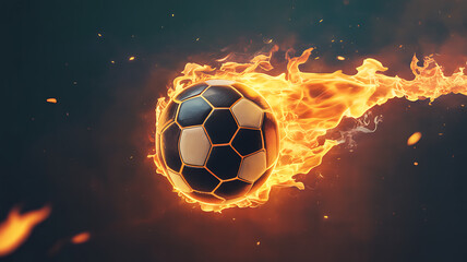Fototapeta premium Football with fiery flames and sparks, burning soccer ball, concept of intense speed and passion in game, dynamic sports imagery.
