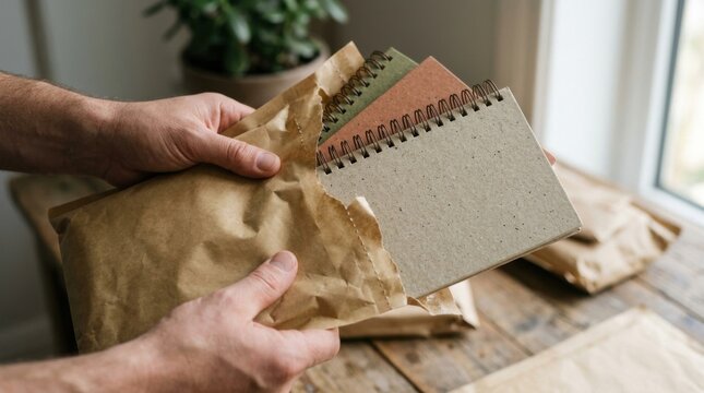 Hands tearing into a biodegradable paper mailing bag to reveal textured spiral notebooks on a wooden table, representing sustainable shipping and eco friendly packaging solutions for retail.