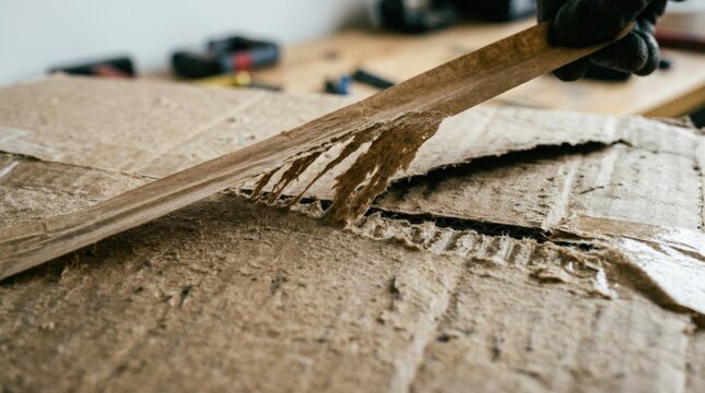 A detailed low angle macro view showing the physical tension of textured brown paper tearing off a cardboard box in a workshop setting, representing high fidelity material strength.