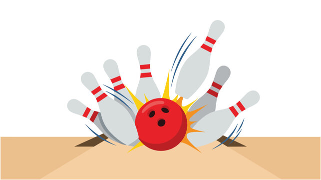 bowling ball hitting pins and knocking them down cartoon illustration.