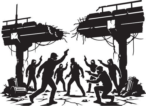 Zombie apocalypse scene, black silhouette illustration, undead characters, post-apocalyptic landscape, vector graphics