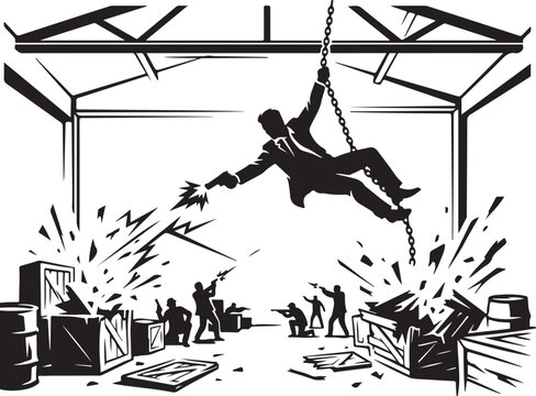 Black and white, dynamic illustration of businessman swinging on rope, destroying warehouse, chaos and action scene