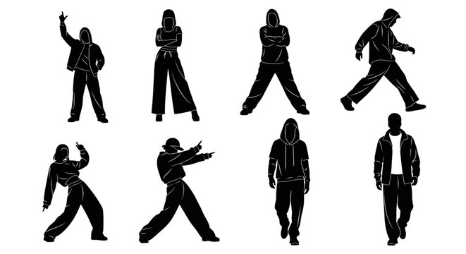Set of black silhouettes of young people dancing and walking
