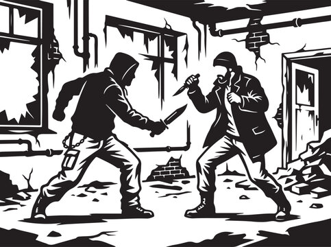 Black and white, gritty, urban combat illustration, fight scene, two men fighting with knife, broken city background
