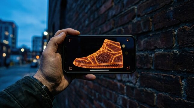 A person holds a smartphone displaying detailed and intricate digital wireframes of a virtual high top sneaker, showcasing high fidelity augmented reality design for future footwear fashion.