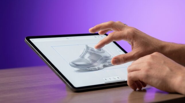 Detailed professional designer uses a tablet against a vibrant purple gradient background to manipulate a high fidelity 3D sneaker model, showcasing advanced digital product development.
