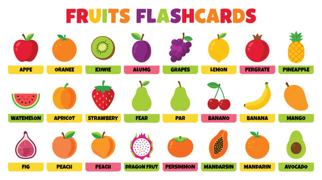 Educational fruit flashcards showing various healthy produce and names.