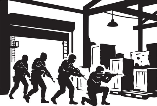 Tactical team, SWAT operation, black silhouette, military strategy, indoor raid, vector icons