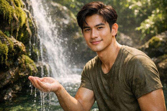 young man smiling under waterfall in lush green forest summer day