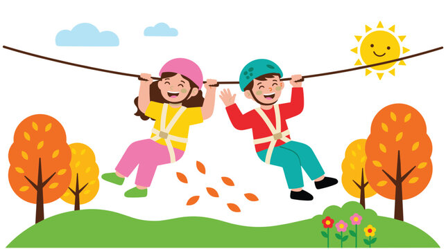 Happy children wearing helmets zip lining across sunny autumn forest scene.