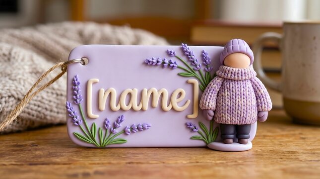 Handmade lavender purple luggage tag with a clay figure wearing a knitted sweater and hat, decorated with lavender flowers, featuring a customizable name field.