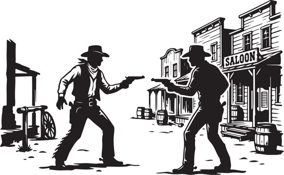 Western cowboys duel, gunfight illustration, black and white vector, saloon background, wild west scene