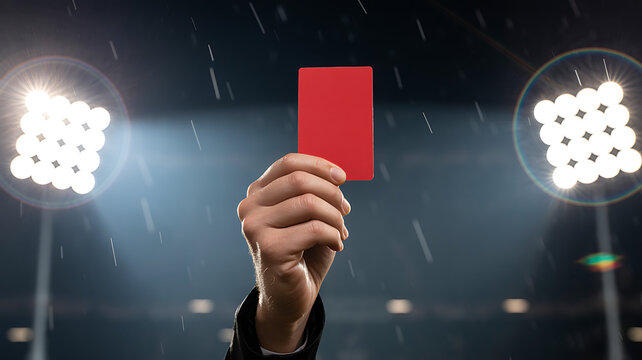 Referee hand showing red card during football match illuminated by stadium lights in pouring rain symbolic of penalty foul expulsion ban.