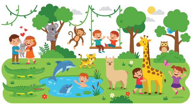 Kids playing with zoo animals in nature landscape during sunny weekend.