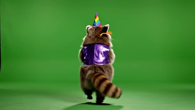 Cinematic seamless loop of adorable raccoon performing playful dance upright exaggerated cute moves swaying hopping spinning paw clapping wearing colorful glasses vest and party hat accessories bounci