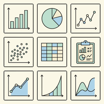 Business Data Visualization Icons: Charts, Graphs, and Tables for Analytics