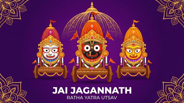 Bright decorated wooden chariot with mandala halo for indian rath yatra festival celebration graphic poster design