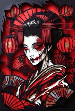 Japanese Horror Paper Art with Dark Yokai Spirit and Gothic Geisha Portrait, cinematic asian horror illustration