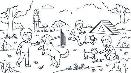 Children training dogs at outdoor park agility course coloring page.