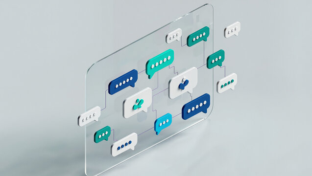 3D render of transparent glass panel with floating chat speech bubble icons, online communication messaging and social network customer service concept illustration