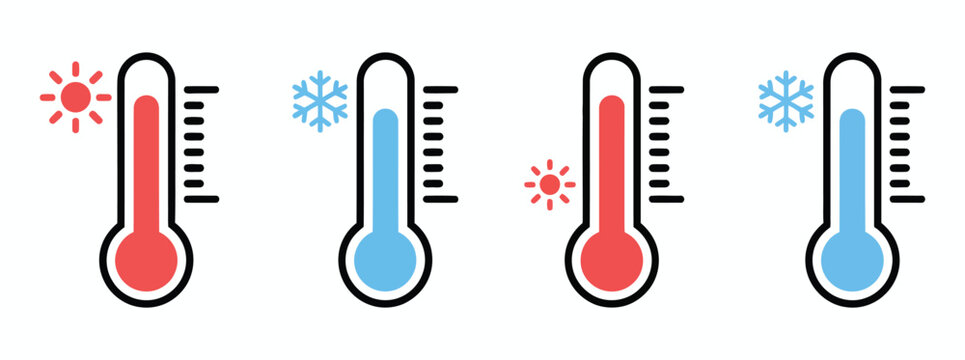 Weather thermometer vector icon set showing temperature indicators for hot and cold climate conditions.