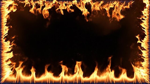 Fiery burning flames border with glowing orange fire and dark black background for intense heat effect