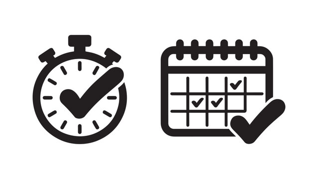 Stopwatch with check mark and calendar icons for appointment scheduling and time management