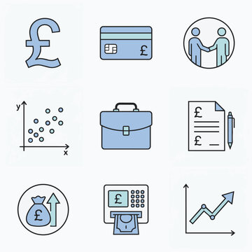 Financial Icons: Sterling Pound, Credit Card, ATM, Business, Growth Chart, Handshake
