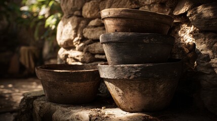 Fototapeta premium A Stack of Weathered Terracotta Clay Pots in a Rustic Outdoor Setting