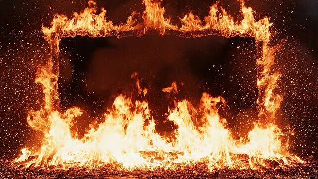 Intense blazing fire with bright orange flames engulfing a wooden structure in darkness