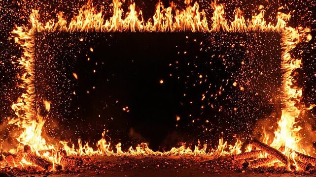 Bright fiery frame with glowing burning logs and sparks on black background for intense fire effect