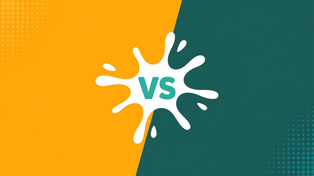 Abstract versus background with yellow and dark teal diagonal split featuring white liquid splash and vs letters for competition or battle concept in creative modern minimalist design.