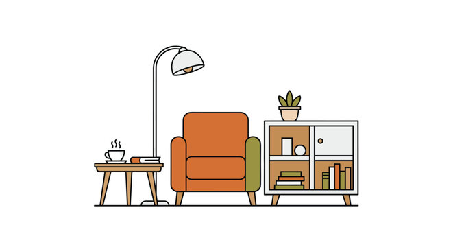 Minimalist reading corner with a comfortable orange armchair, a side table with a coffee cup, a modern floor lamp, and a low cabinet with books and decor, creating a simple and functional space.