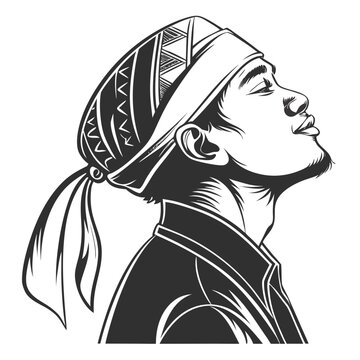 Black and white vector illustration, man wearing headband, profile view, monochrome portrait