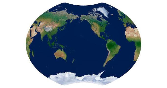 World Map. Ginzburg VI projection. High detail physical map of Earth. Compromise world view with gentle polar treatment. Longitude rotation animation for atlases.