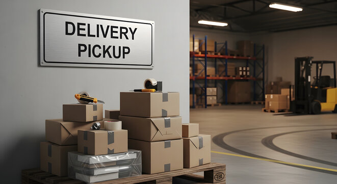 Delivery Pickup Station in Warehouse with Cardboard Boxes and Forklift